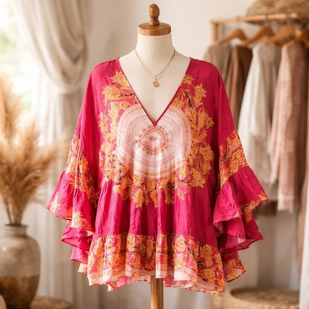 Free People SP Bella Tunic/Mini Dress Hippie Boho Chic Festival Inspired‎ Red